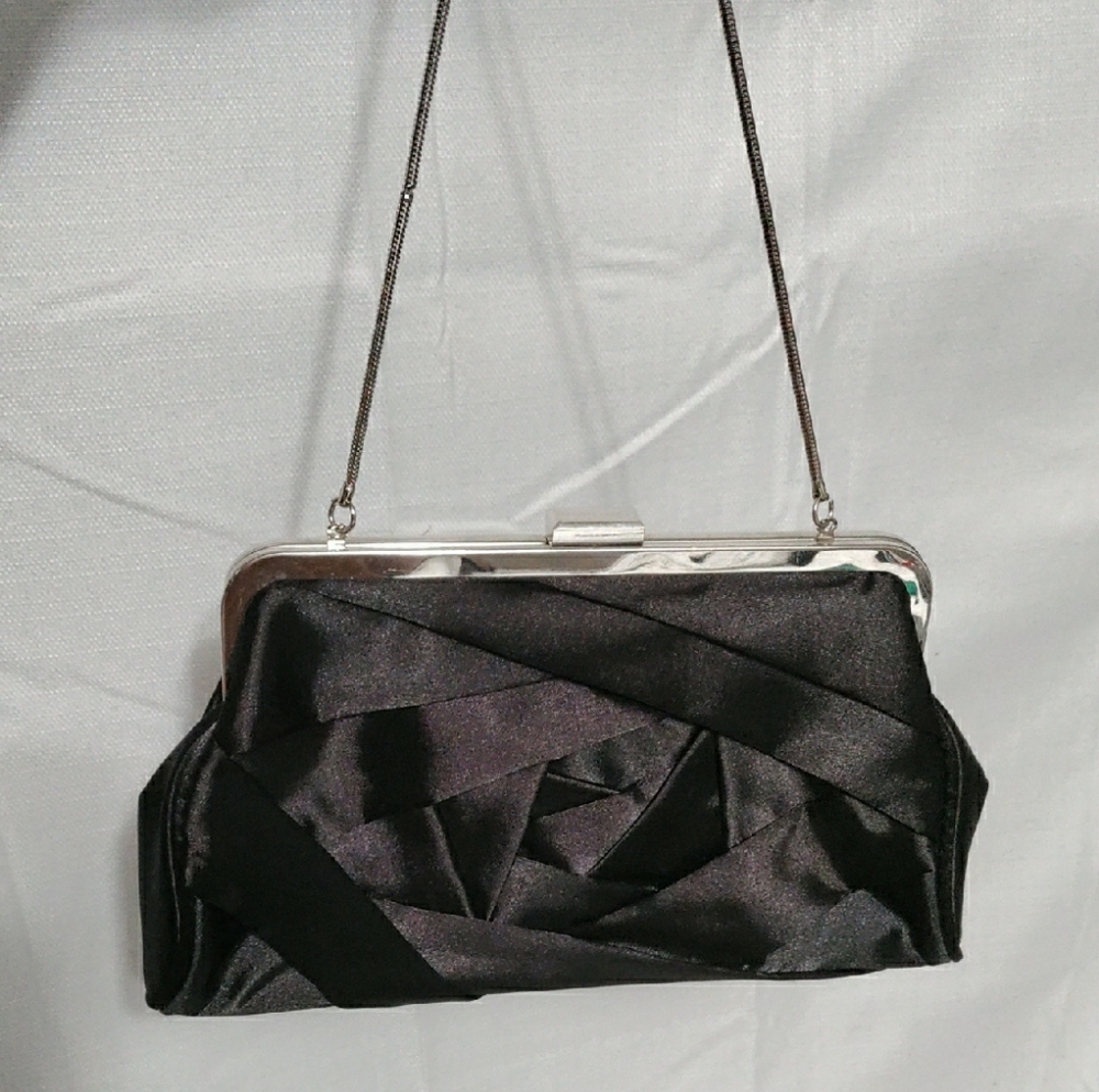 Steve Madden Elegant Evening Clutch Black Satin Silver Chrome Rose Style Handbag